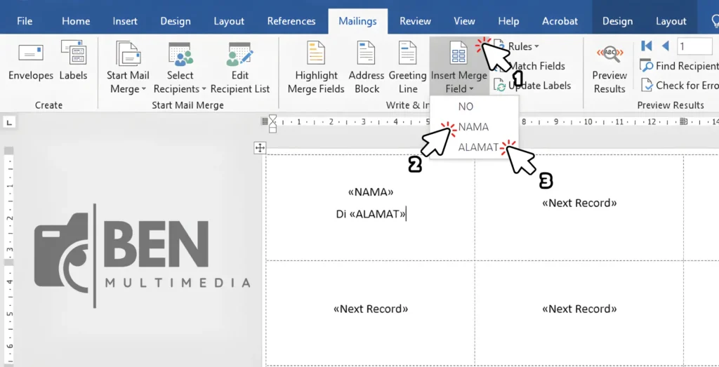 Cara Print Label Undangan 103 - Memasukkan Field Nama dan Tempat