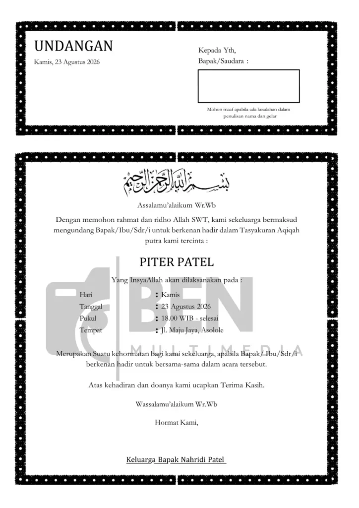 undangan aqiqah word 1 lembar