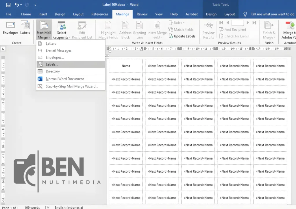 Download Tempalte Format Label 109 Word