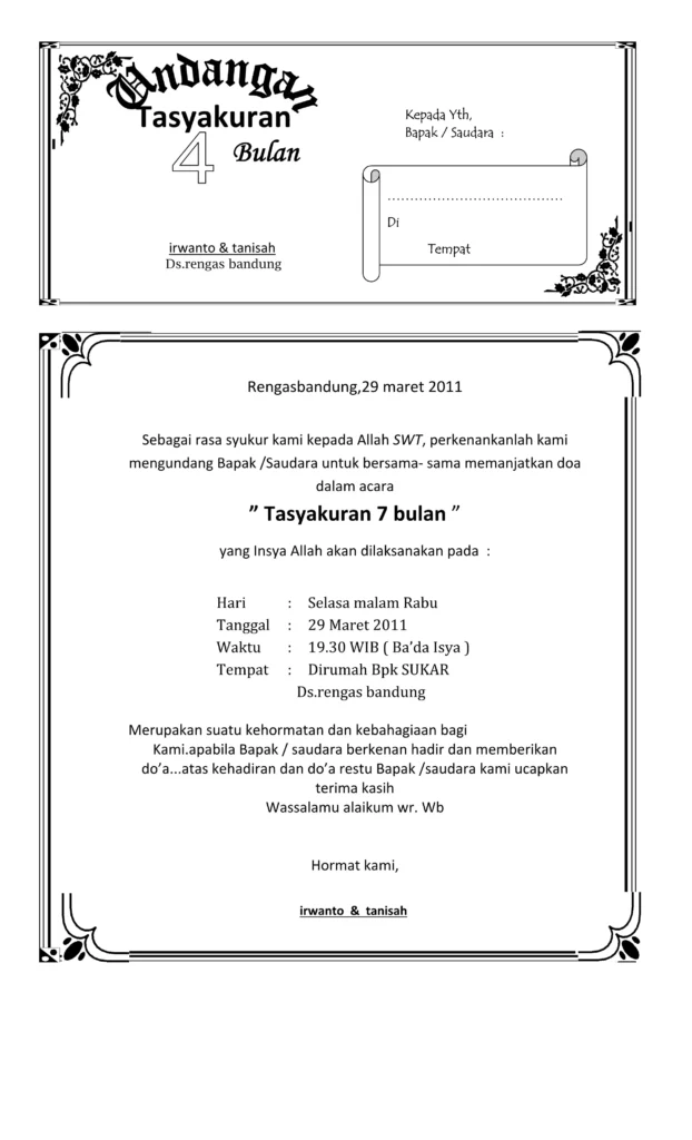 contoh undangan 4 bulanan kehamilan word