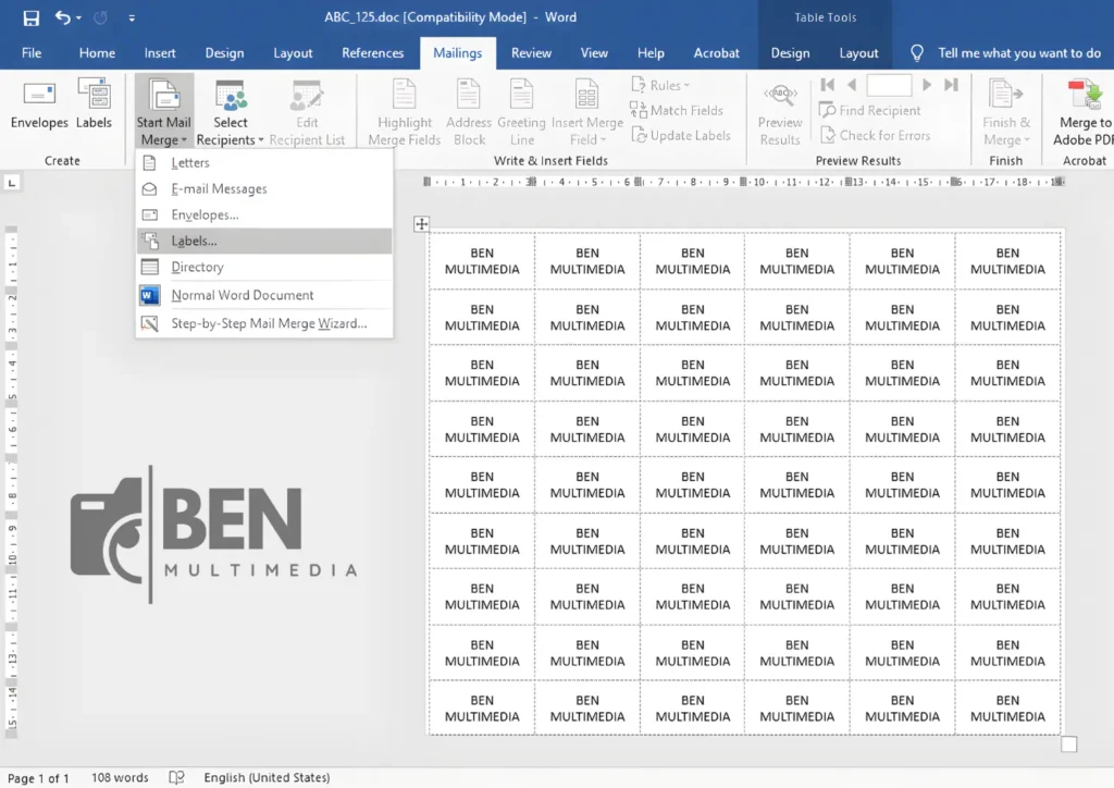 Format Label 125 Word